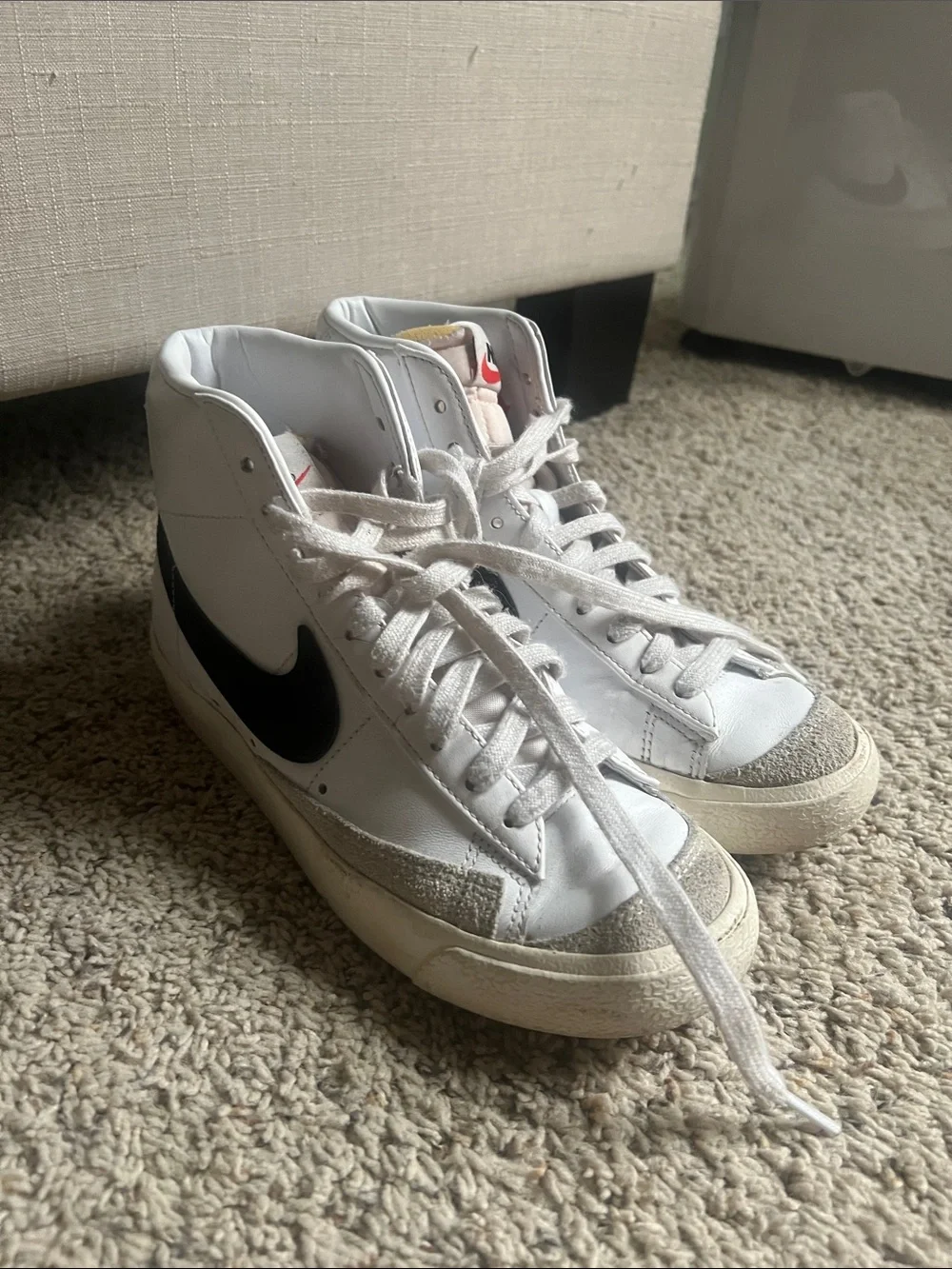 Nike Women’s White High-Top Sneakers with Black Swoosh and Gray Suede Accents
